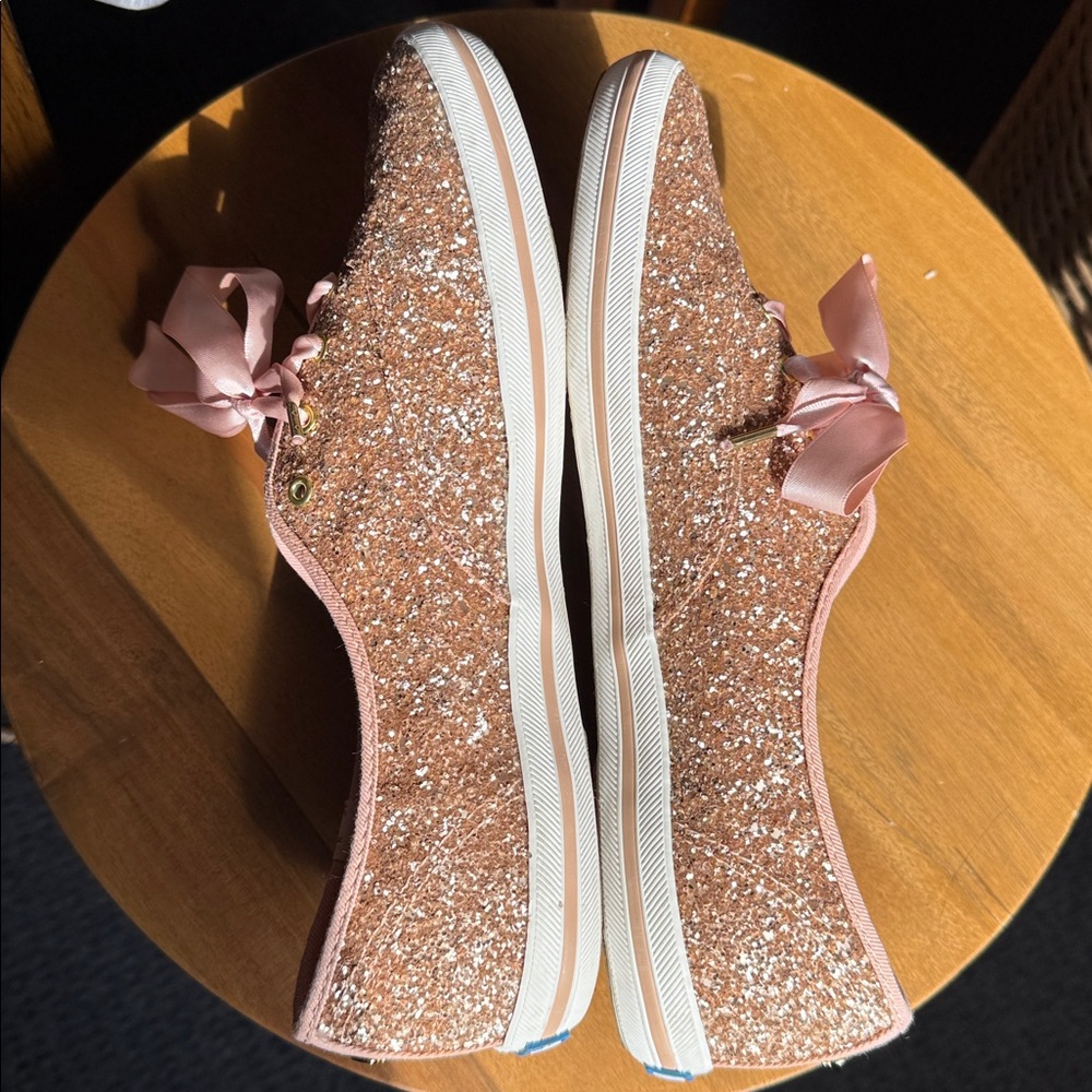 Keds Kate Spade New York Rose Gold Glitter Lace Up Sneakers satin bow blush pink - Picture 4 of 9